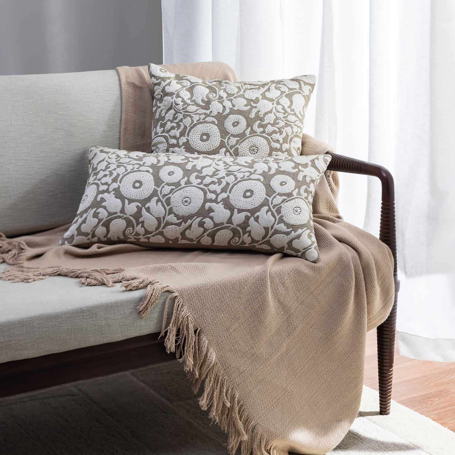 Cotton Handblock printed and quilted Florify Lumbar Cushion Cover