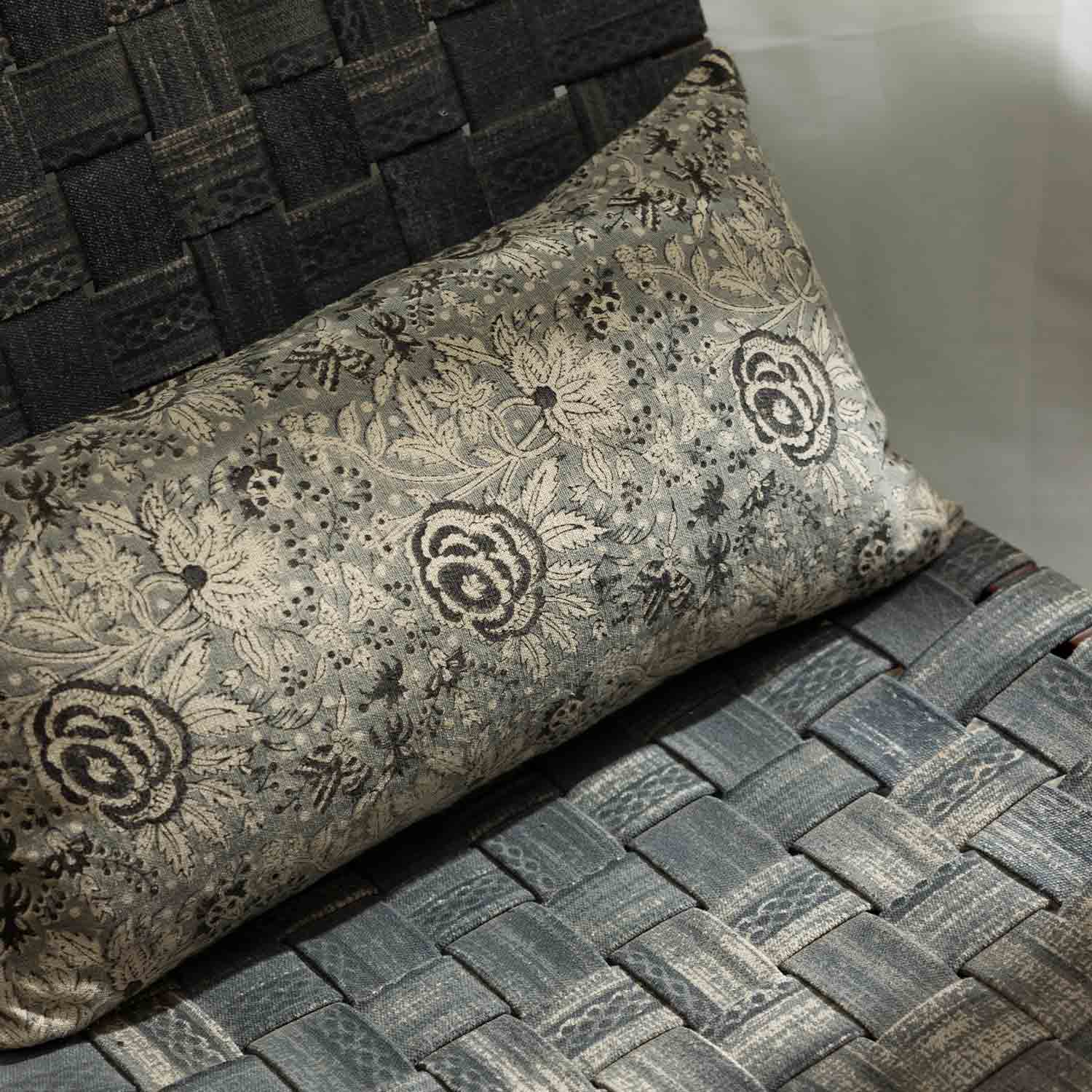 Rosie Block Printed Linen Chambray Lumbar Cushion Cover