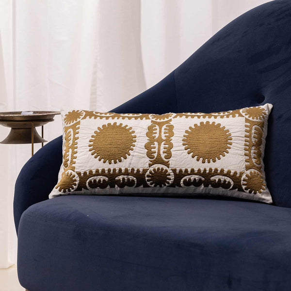 Raha embroidered gold lumbar cushion cover by Obeetee - full view
