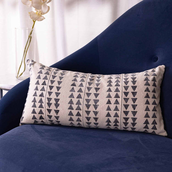 Crossroad block printed cotton chambray lumbar cushion cover by Obeetee - full view