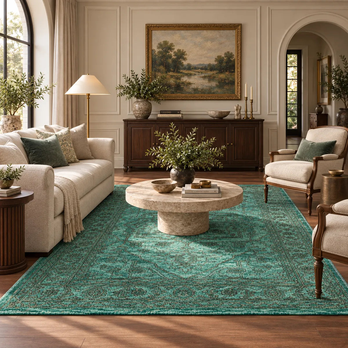 A large teal and green traditional-style area rug in a beautifully styled living room with a beige sofa, stone coffee table, and wooden furniture.