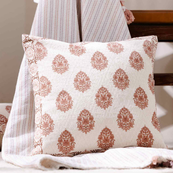 Butah block printed chenille cotton cushion cover by Obeetee - full view
