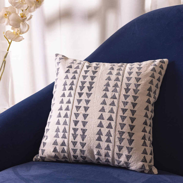 Crossroad block printed cotton chambray cushion cover by Obeetee - full view