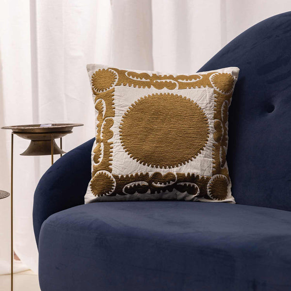 Raha embroidered gold cushion cover by Obeetee - full view