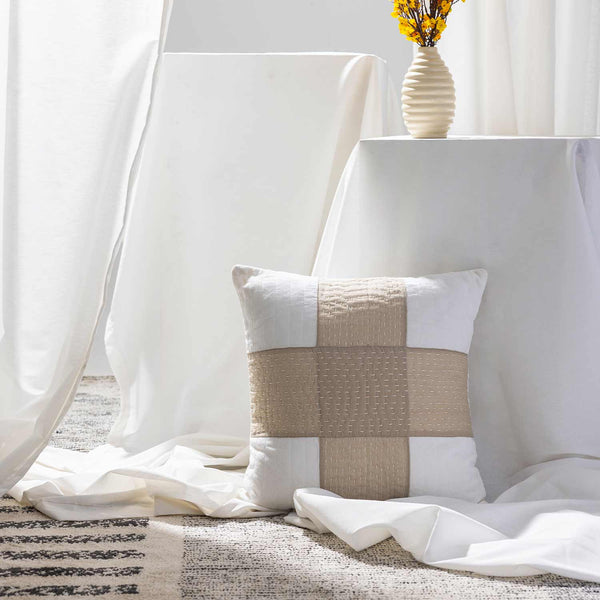 Quilted cushion cover with Kantha stitch patchwork by Abraham and Thakore for Obeetee - full view