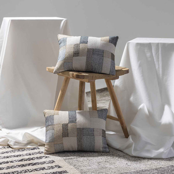 Patch Kantha Stitch cushion cover by Abraham and Thakore for Obeetee - styled view