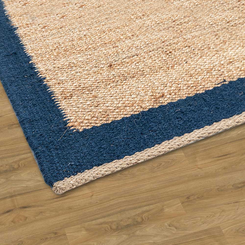 Blue Border Hand Woven Jute, Hemp and Woollen Dhurrie
