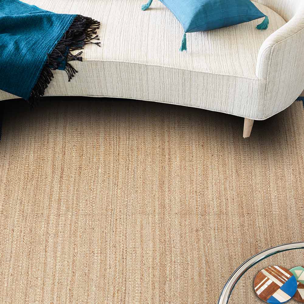 Blue Border Hand Woven Jute, Hemp and Woollen Dhurrie