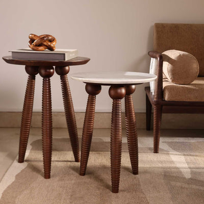 Nest Teak Side Tables with Marble & Brass Tops