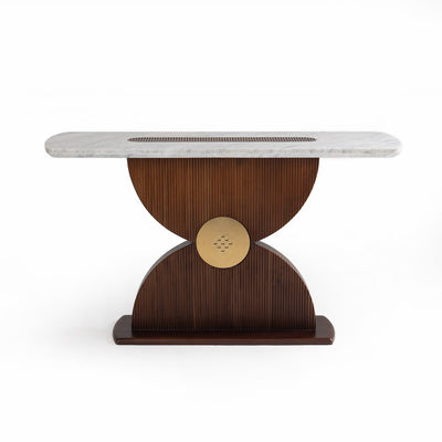 Hourglass Teak Console with Carrara Marble Top