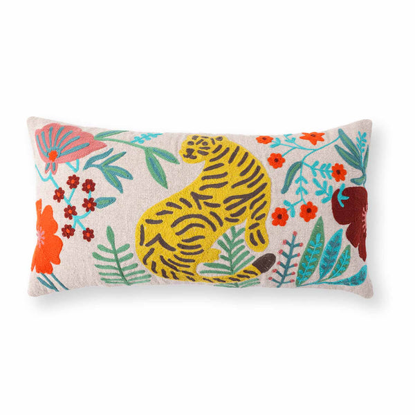 Lion Chambray Embroidered Cotton Slub Lumbar Cushion Cover