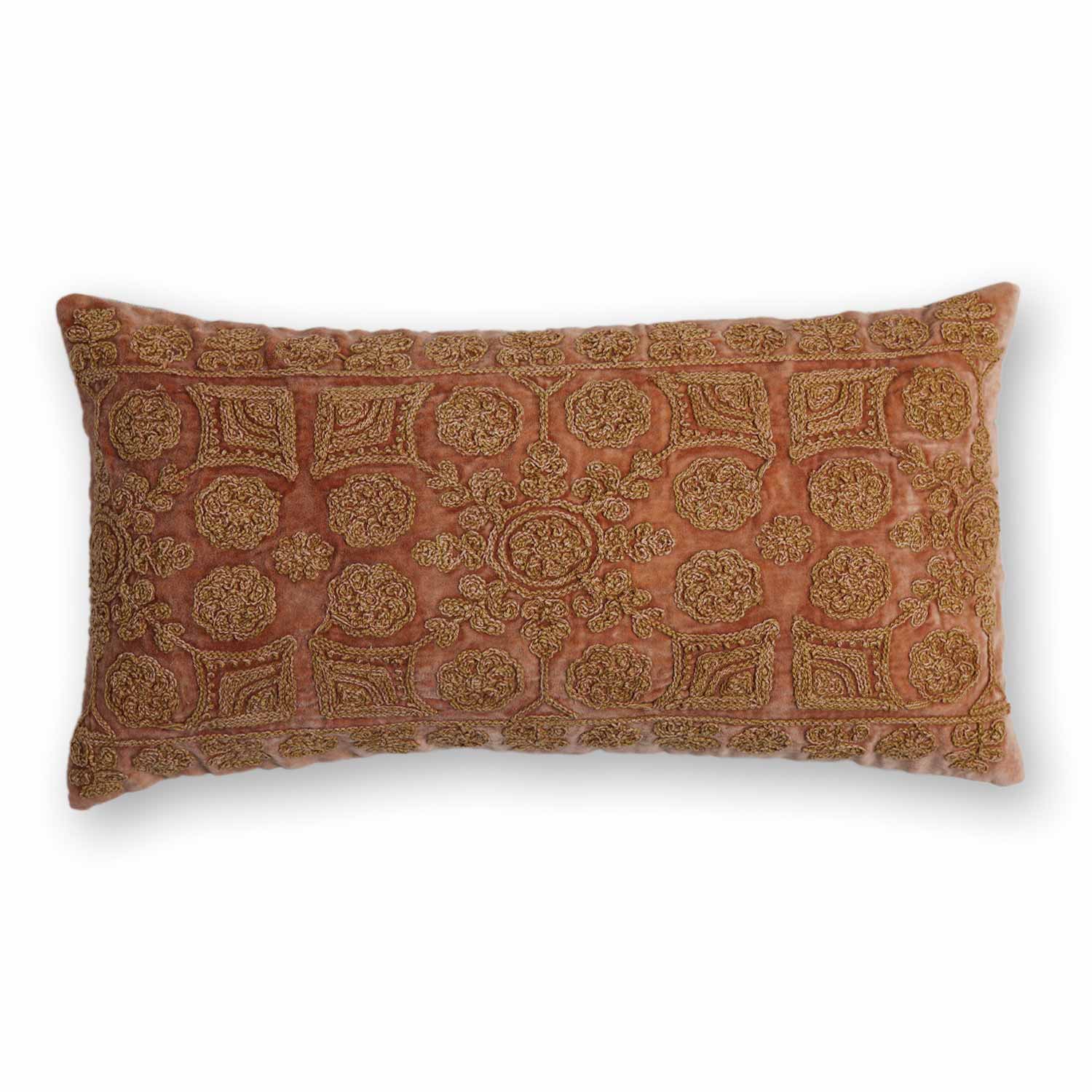 Rosewell Cotton Velvet Chikan Embroidered Lumbar Cushion Cover