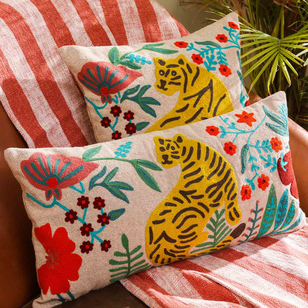 Lion Chambray Embroidered Cotton Slub Lumbar Cushion Cover