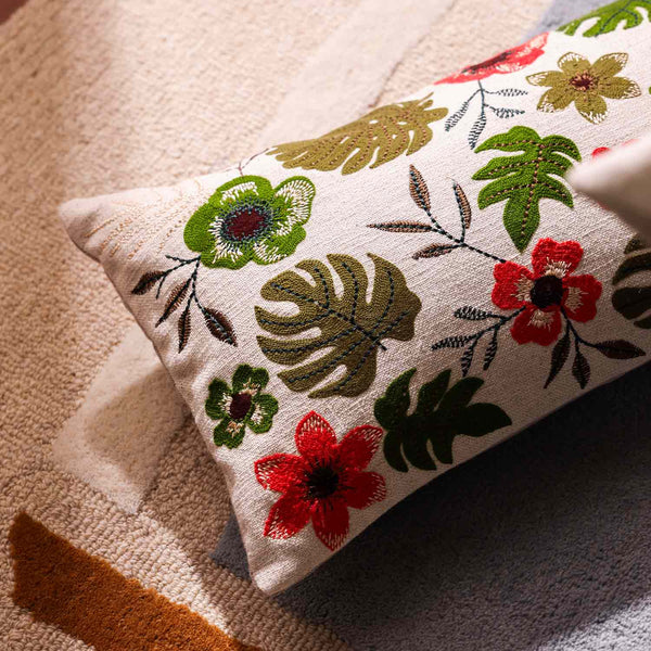 Fern Cotton Slub Embroidered Lumbar Cushion Cover