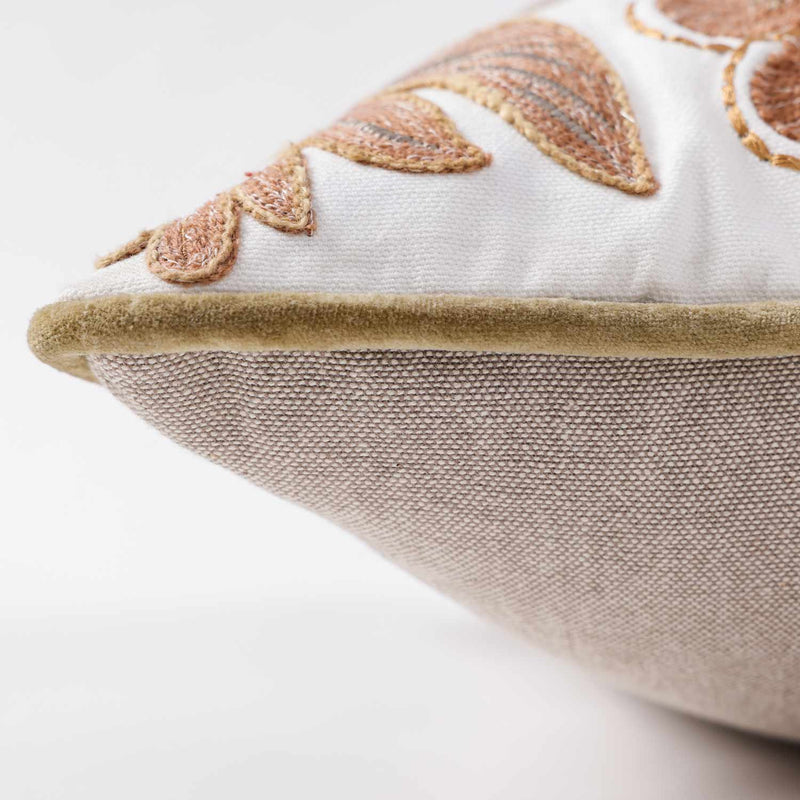 Mimosa Embroidered Cotton Chambray Lumber Cushion Cover with Dori Piping