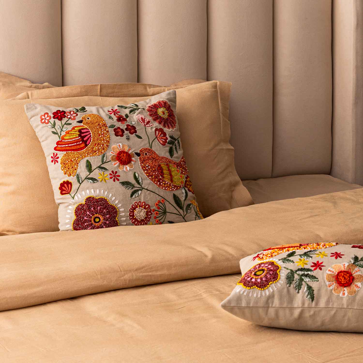 The Mockingbird  Embroidered Cotton Cushion