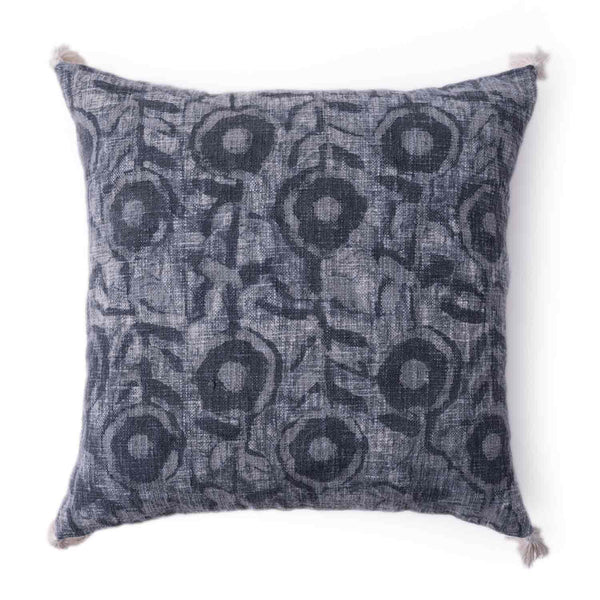 Indigo Blossom Dabu Block Printed Cushion Cover with tassels