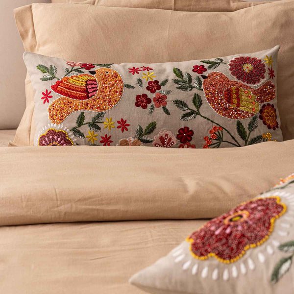The Mockingbird  Embroidered Cotton Lumber Cushion Cover