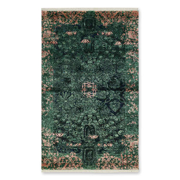 Ornamental Emerald Hand Knotted Woollen And Viscose Rug By Smitha Zachariah