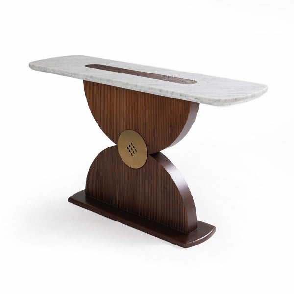 Hourglass Teak Console with Carrara Marble Top