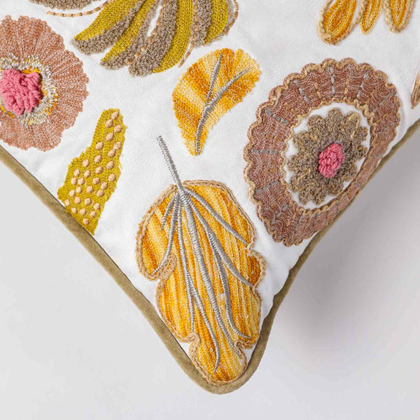 Mimosa Embroidered Cotton Chambray Cushion Cover with Dori Piping