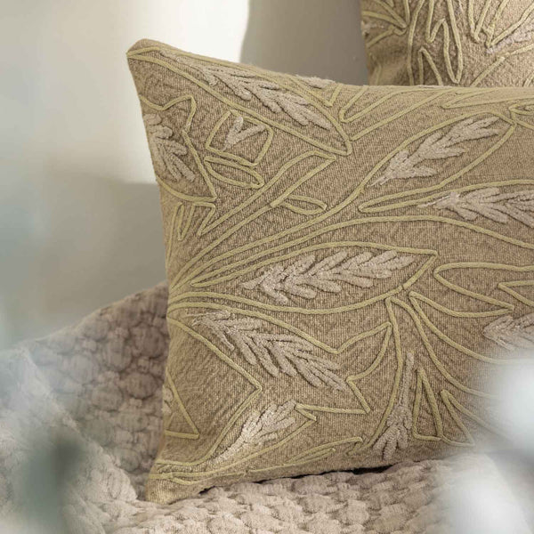 Fawn Cotton Hand Embroidered Lumbar Cushion Cover