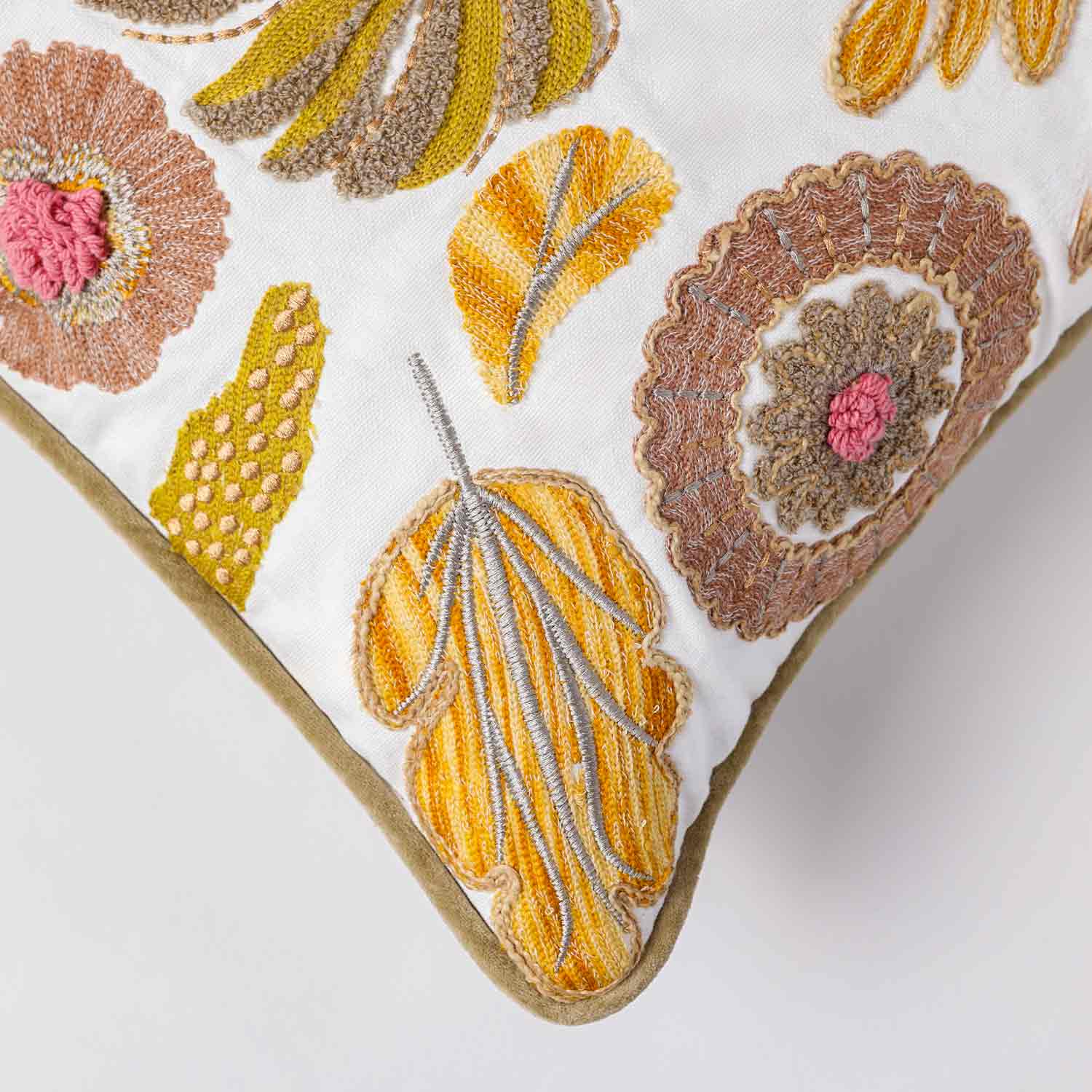 Mimosa Embroidered Cotton Chambray Lumbar Cushion Cover with Dori Piping