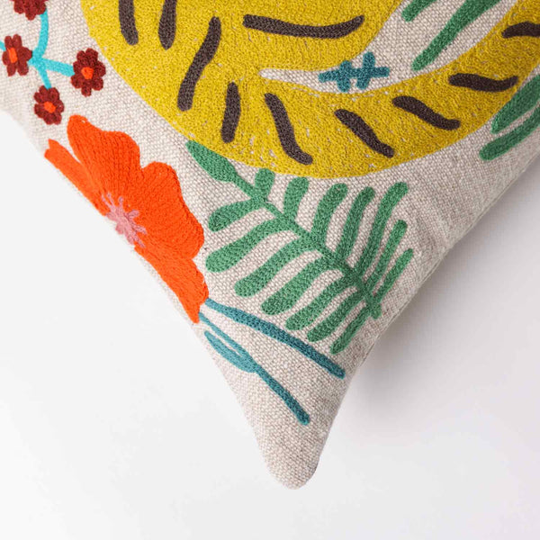 Lion Chambray Embroidered Cotton Slub Lumbar Cushion Cover