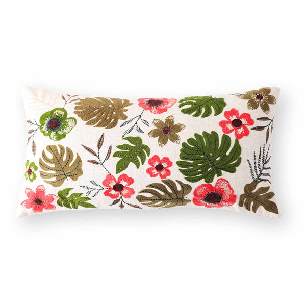 Fern Cotton Slub Embroidered Lumbar Cushion Cover