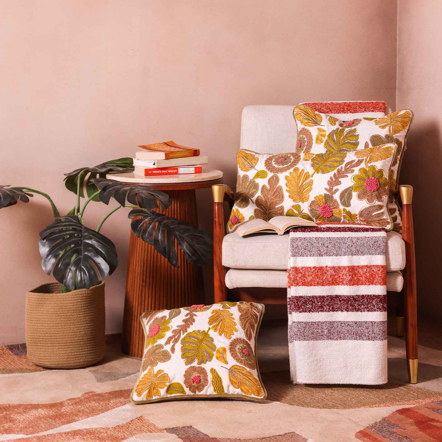 Mimosa Embroidered Cotton Chambray Lumbar Cushion Cover with Dori Piping