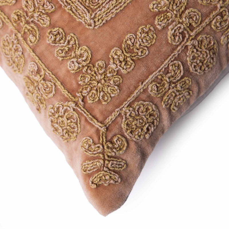 Rosewell Cotton Velvet Chikan Embroidered Lumbar Cushion Cover