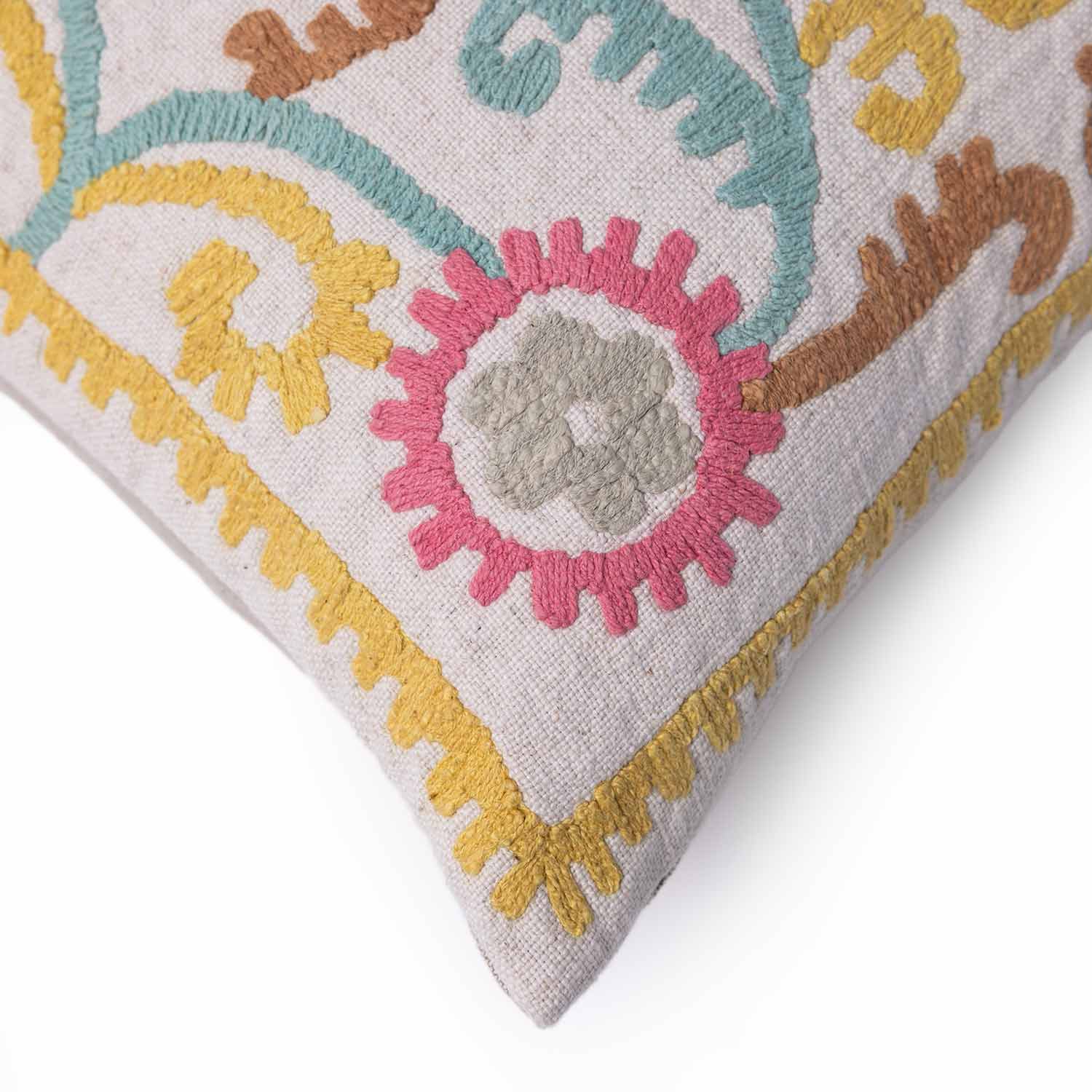 Bohobloom Cotton Linen Machine Embroidered Lumbar Cushion Cover
