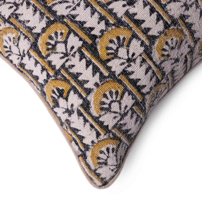 Bouqet Block Printed Cotton Lumbar Cushion Cover with Dori Piping