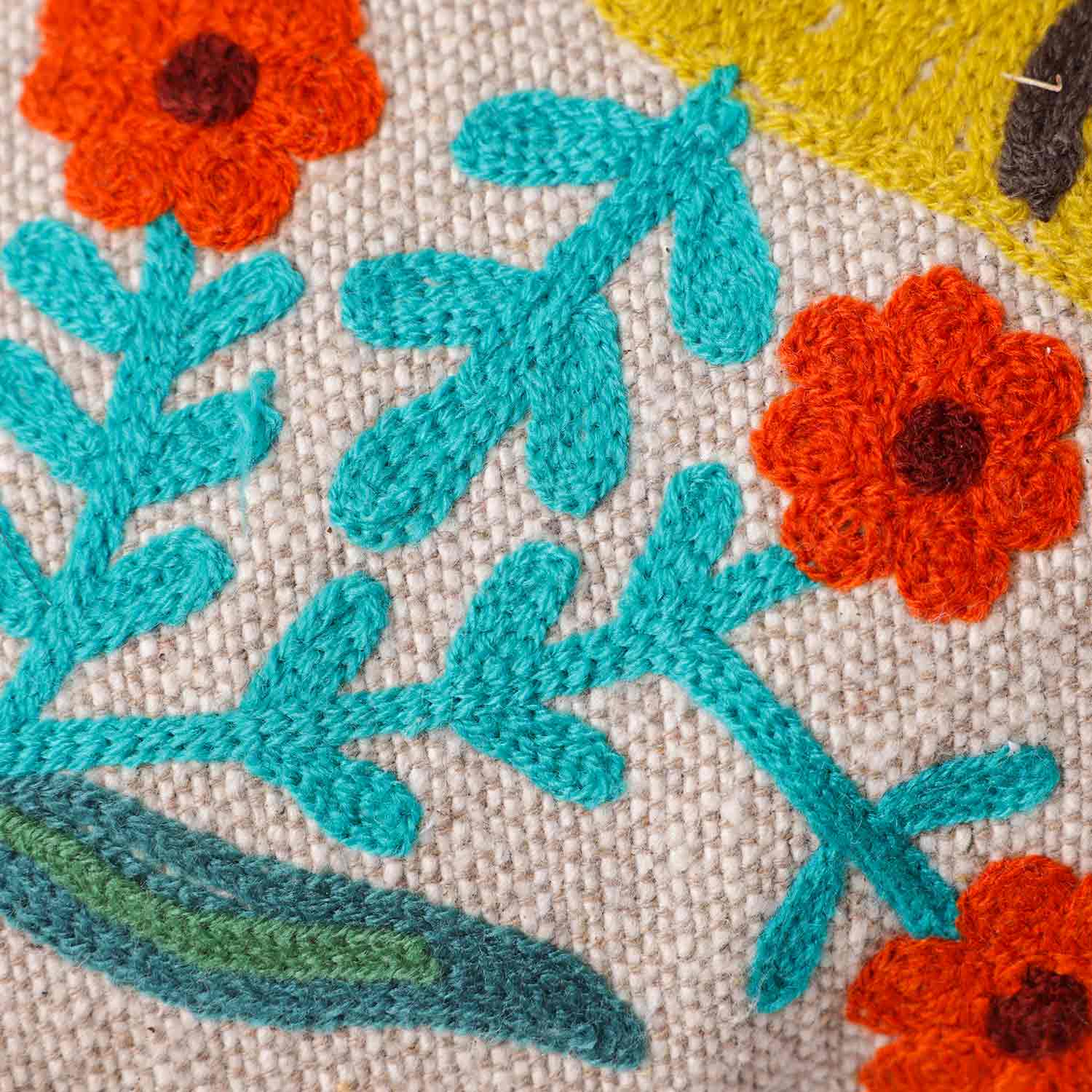 Lion Chambray Embroidered Cotton Slub Lumbar Cushion Cover