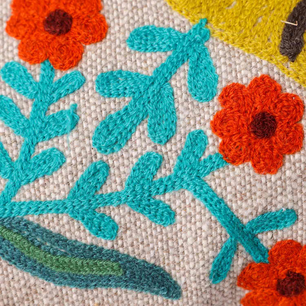 Lion Chambray Embroidered Cotton Slub Lumbar Cushion Cover
