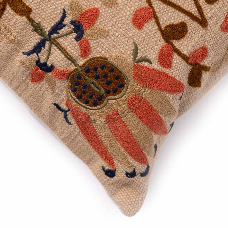 Bukhara Beige Cotton  Slub Embroidered Lumbar Cushion Cover