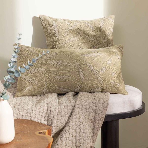 Fawn Cotton Hand Embroidered Lumbar Cushion Cover