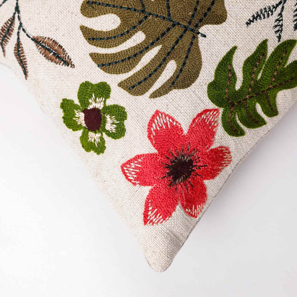 Fern Cotton Slub Embroidered Lumbar Cushion Cover