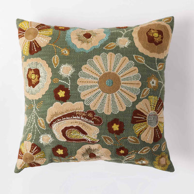 Forest Slub Dyed and Embroidered Cotton Cushion Cover