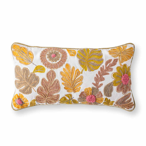 Mimosa Embroidered Cotton Chambray Lumbar Cushion Cover with Dori Piping