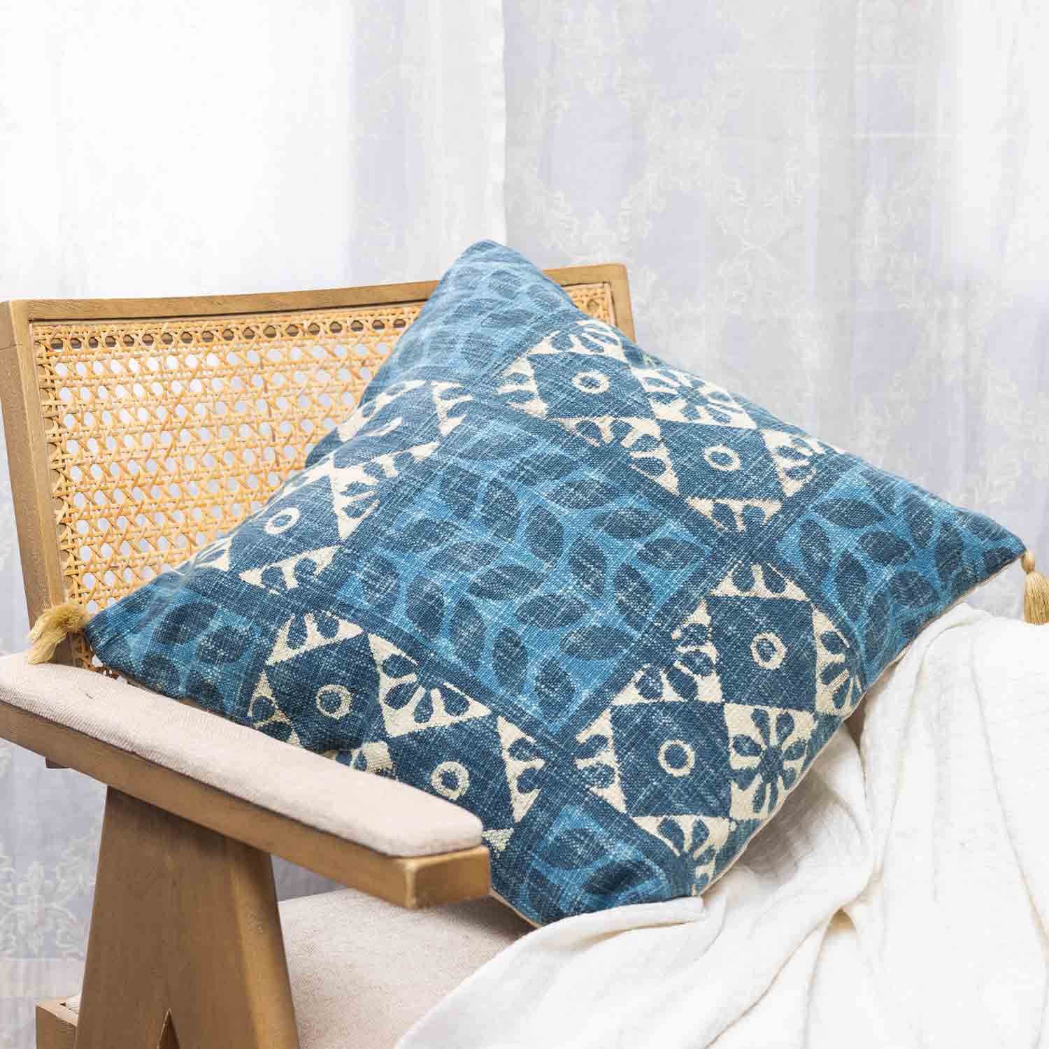 Indigo Dabu Printed Cotton Slub Cushion Cover