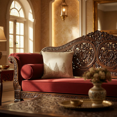 Nilay Silk Block Printed, Gold Embroidered Cushion Cover