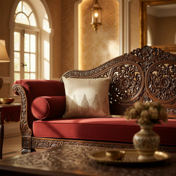 Nilay Silk Block Printed, Gold Embroidered Cushion Cover