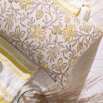 Flora Block Printed Cotton Lumbar Cushion Cover