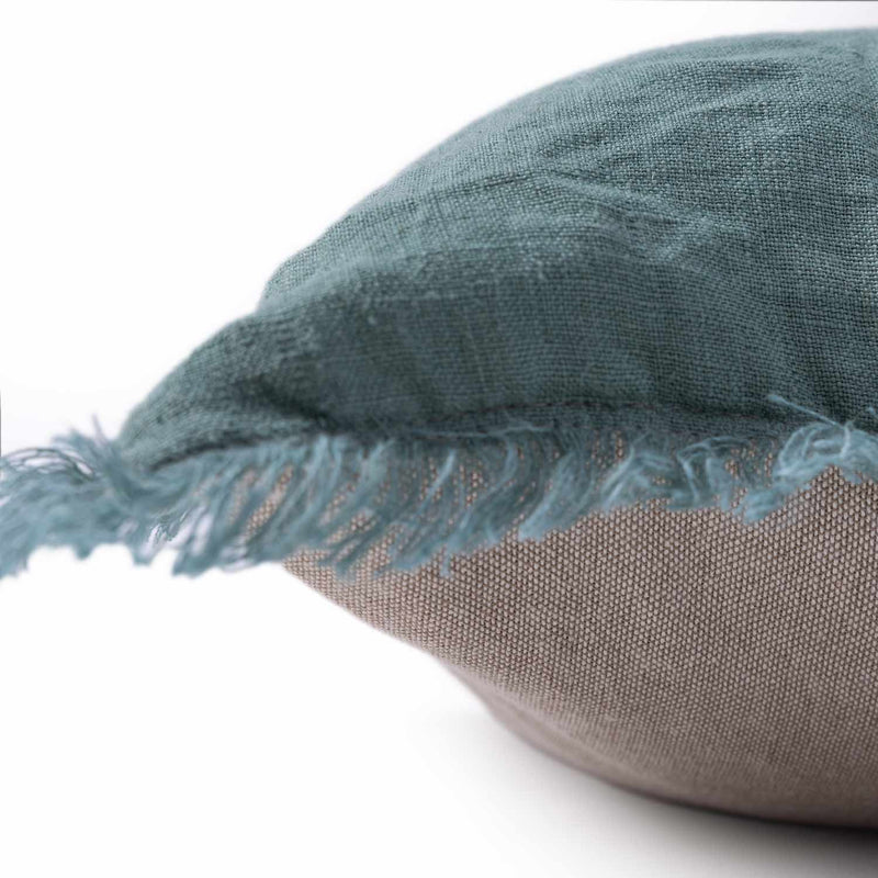 Kent Solid Teal Linen Lumbar Cushion Cover with Chambray
