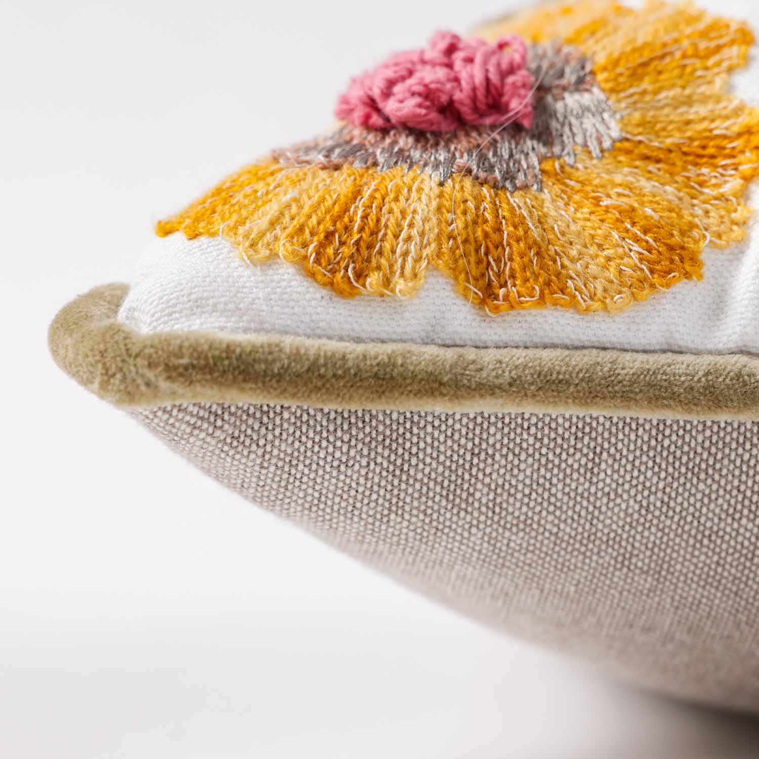 Mimosa Embroidered Cotton Chambray Lumbar Cushion Cover with Dori Piping