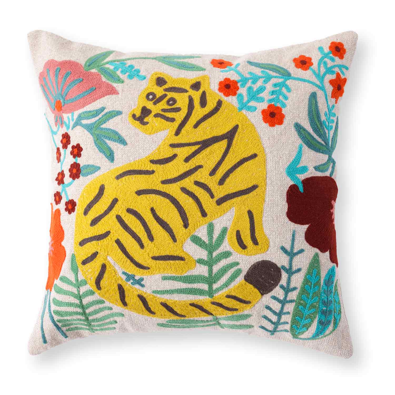 Leopard Chambray Embroidered Cotton Slub Cushion Cover