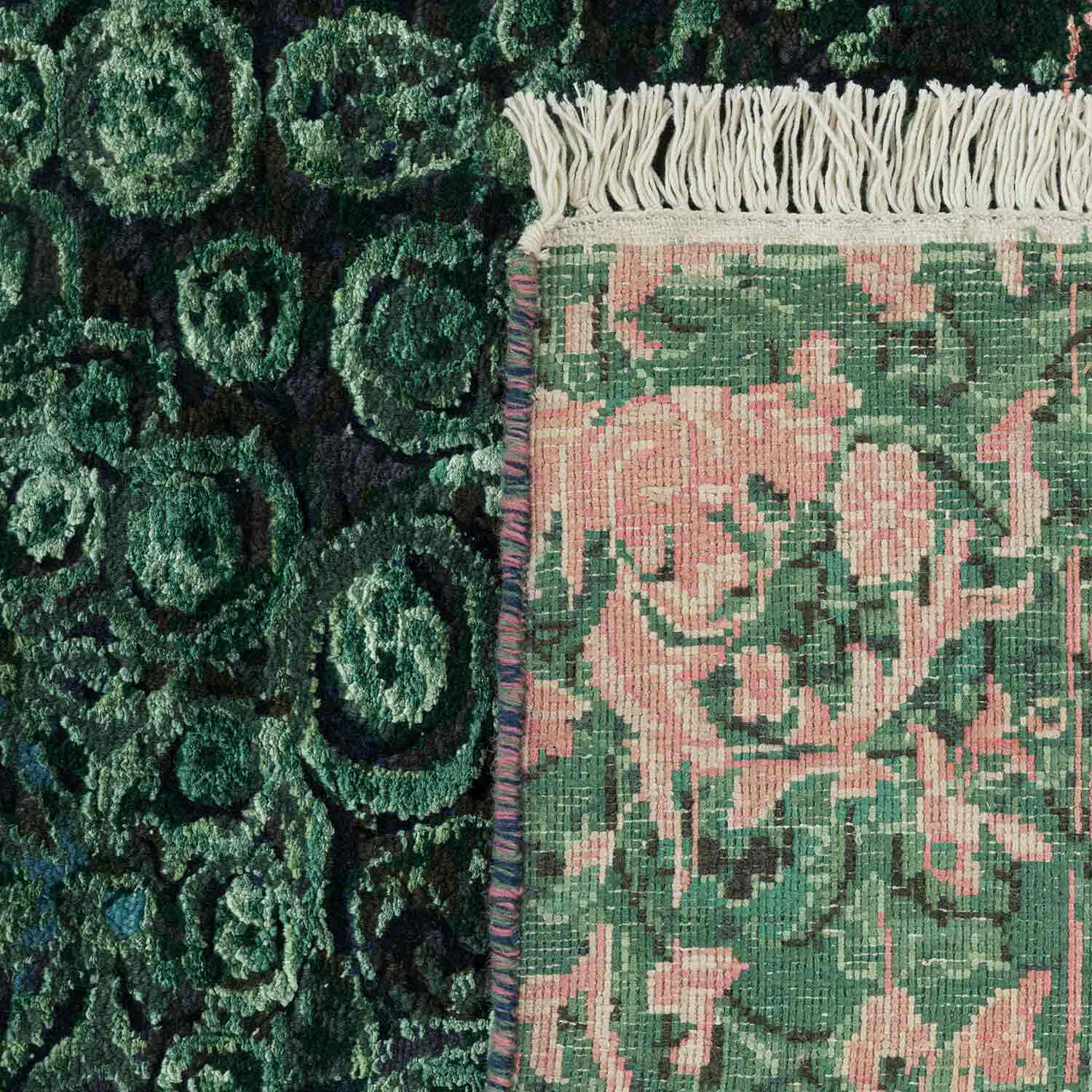 Ornamental Emerald Hand Knotted Woollen And Viscose Rug