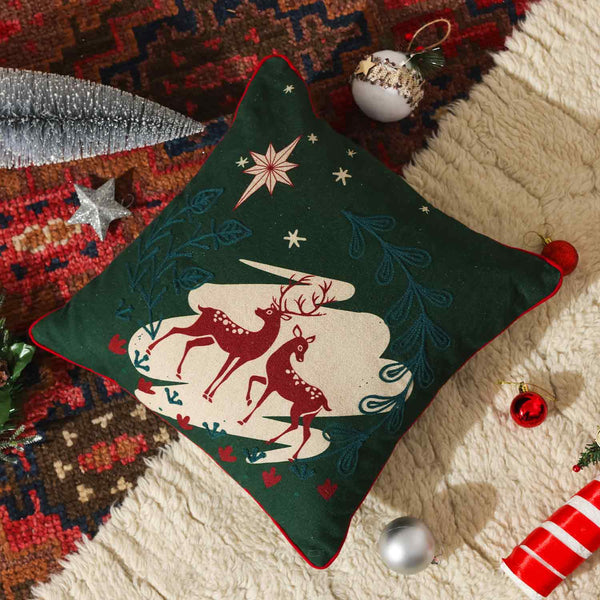 Santa'S Ride Digital Printed & Embroidered Cotton Cushion Cover