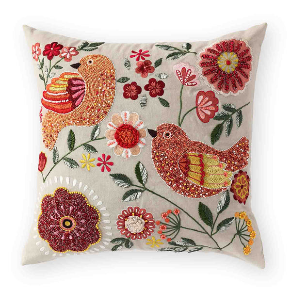 The Mockingbird  Embroidered Cotton Cushion